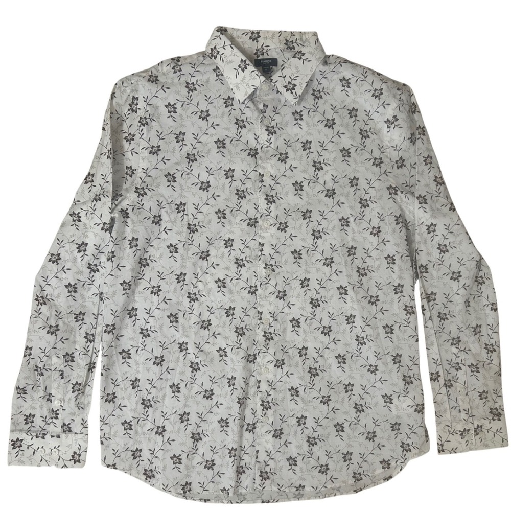 Express Slim 1MX Mens XL White Excellence Floral Print Long Sleeve Shirt